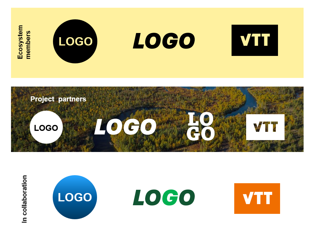 Examples how VTT logo is used with other company logos in different colours and in different backgrounds